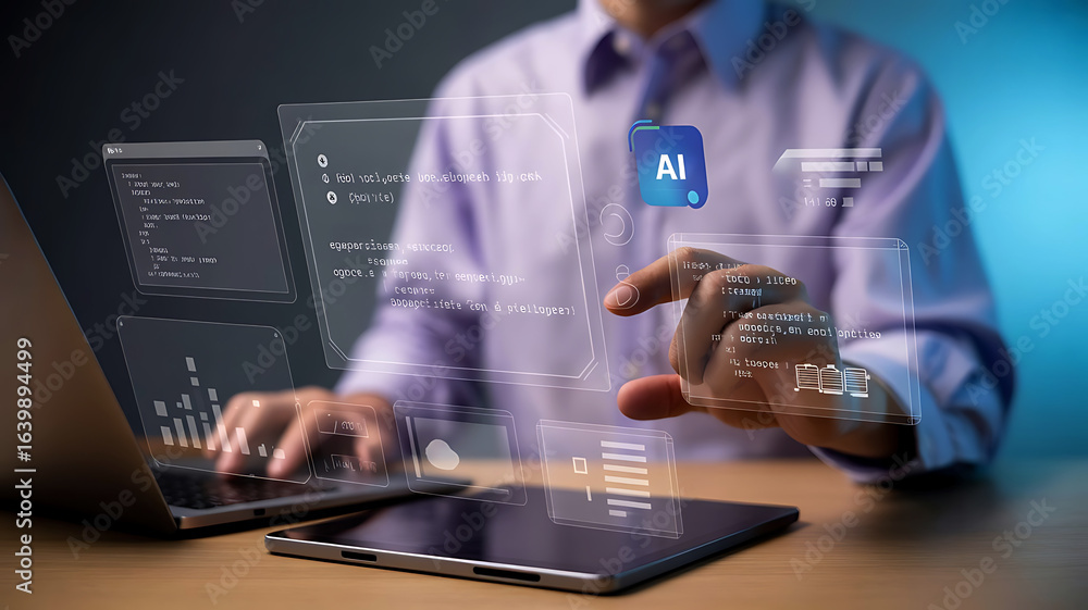 Poster man with robotic arm interacting with futuristic digital interface and coding on laptop