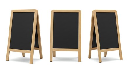 Blank wooden A-frame chalkboard signs ready for custom messages, menus, and promotions; versatile display tools on a clean white background.