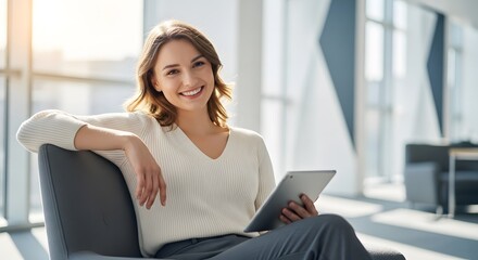 Fototapeta premium Radiant Young Woman Smiling Holding Tablet in Modern Office with Natural Light