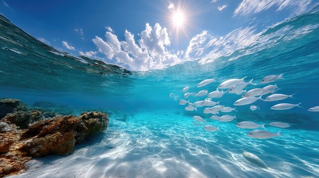 Underwater School of Silvery Fish Swimming in Bright Blue Water