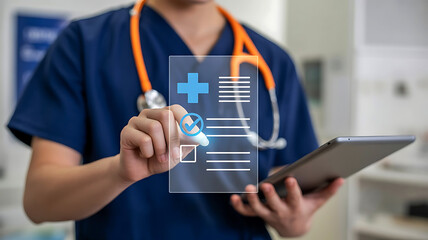 Doctor using digital medical record on holographic interface while holding tablet and stethoscope