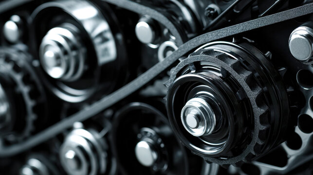Close-up of an automotive timing belt and pulley system in a car engine