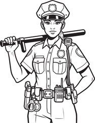 Black and White Vector Illustration of a Confident Female Police Officer with Baton