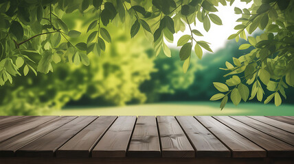 Empty wooden table in a lush green park with soft sunlight filtering through the trees