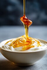 Golden Honey Drizzling onto Creamy Yogurt in White Bowl