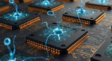 Conceptual image of neurons and microchips