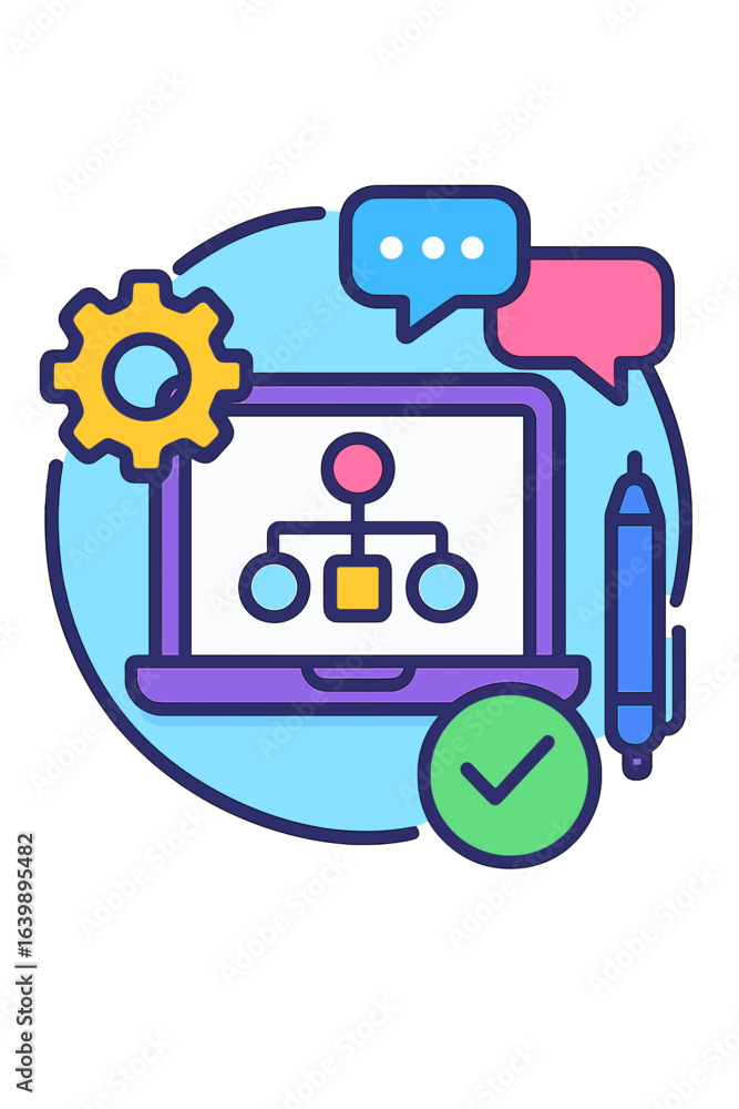 Aufkleber computer screen with workflow design, chat bubbles, and gear icon workflow collaboration toolkit