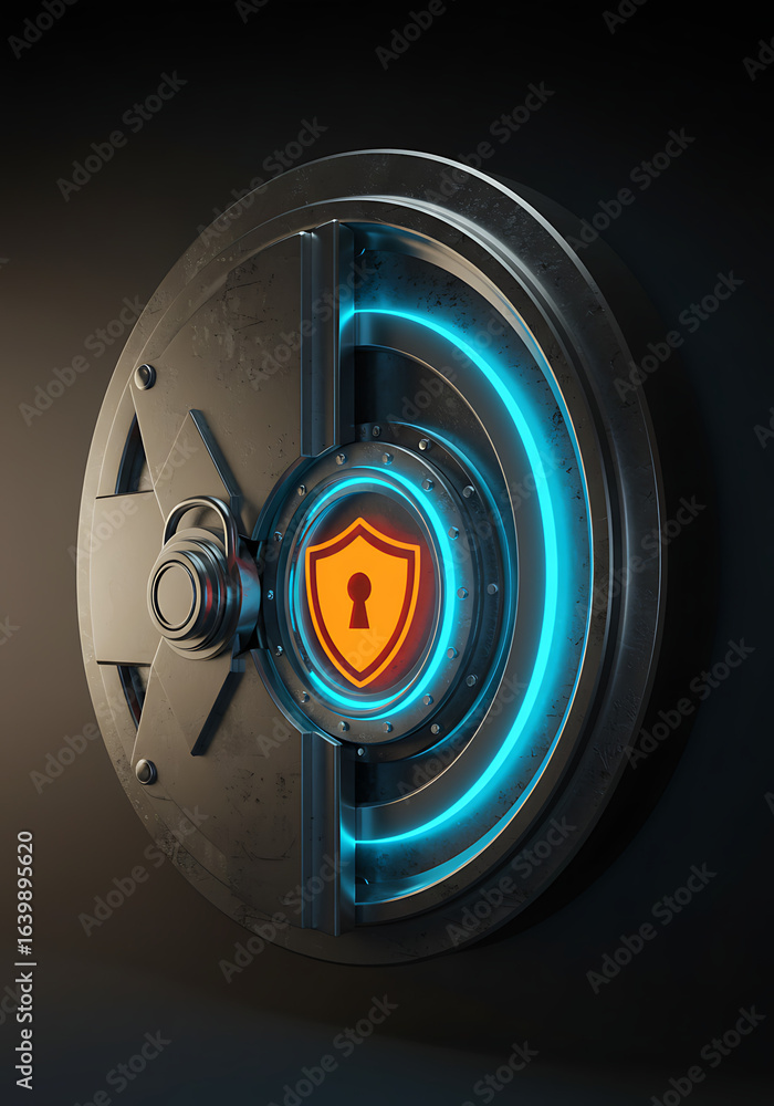 Poster fortress of security: a captivating view of a vault door, its intricate locking mechanism and glowin