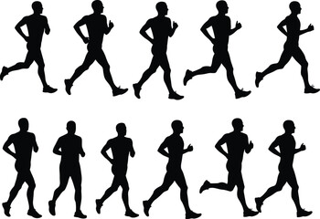 Runner silhouettes, jogging man, athletic male in motion, running sequence, marathon training, fitness exercise, sports poses, stride cycle, black on white, vector illustration