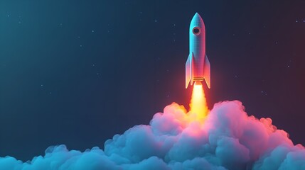 A stylized rocket launching through colorful clouds into a dark blue starry night sky illustration