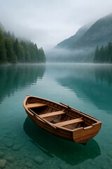 Obraz premium Wooden Rowboat on Calm Turquoise Lake with Misty Mountain Background