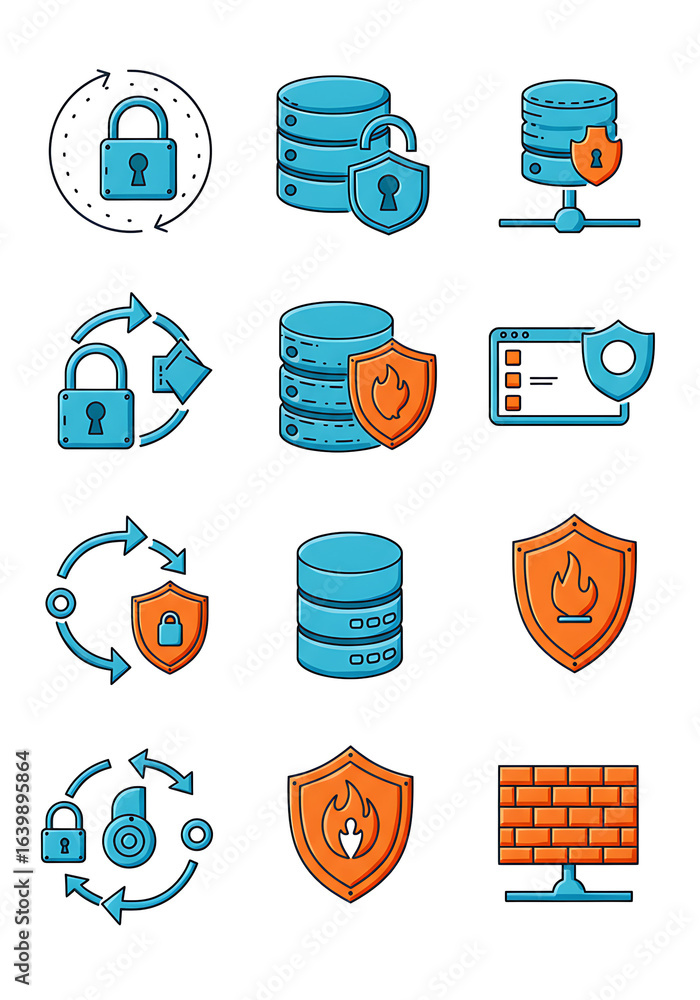 Poster secure data icons: set of data protection icons showcasing lock, shield, database representing secur