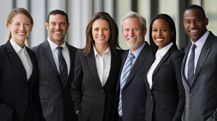 A diverse group of business professionals standing together in a modern office setting.