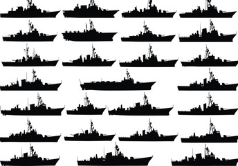 Warship silhouettes, military navy ships, destroyer vessel collection, black ship profiles, naval fleet illustration, battleship design set, combat marine craft, ocean defense, vector graphic art © Lotus