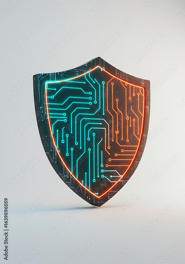 Poster digital shield: a conceptual rendering of a data-encrypted shield, showcasing a fusion of traditiona