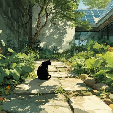 Black Cat in a Sunlit Backyard Garden with Solar Panels