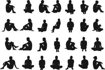 Sitting people silhouettes, men and women seated poses, casual posture collection, floor and chair positions, black figures on white background, vector illustration set