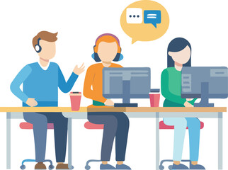 Business people work together at an office desk with a computer and laptop, a modern concept vector illustration