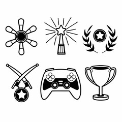 Set of game icons isolated on white background, including trophy, joystick, medal, and laurel wreath