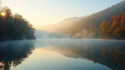 Fototapeta premium Foggy morning on the lake with reflection of trees starting to change color, quiet landscape with nature
