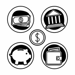 Finance and investment icons in circles isolated on white background