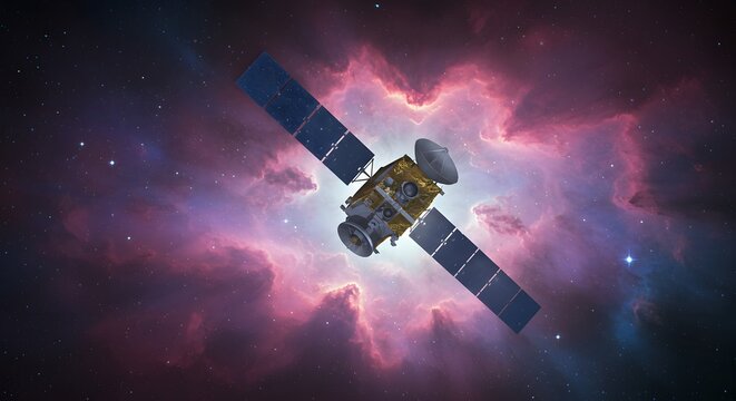 Satellite Orbiting Against Nebula Background