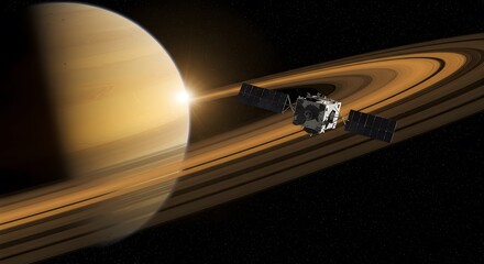 Spacecraft Orbiting Saturn Through Its Rings