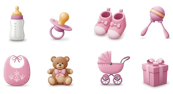 A collection of pink baby girl shower icons. An illustrative set of newborn essentials like a bottle, pacifier, stroller, and teddy bear.