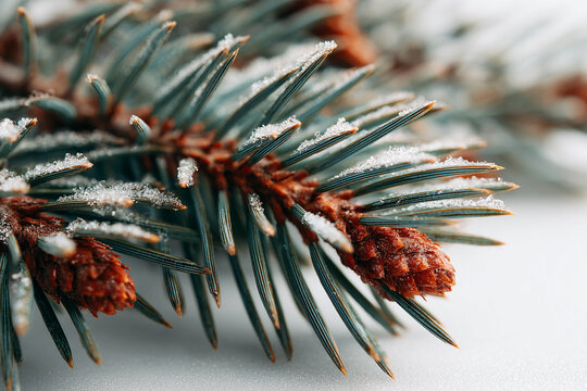 Close-up of a pine branch with small cones and frosty snow crystals on green needles against a white background