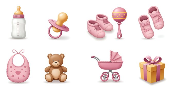 Adorable pink baby girl accessories icon set. Newborn essentials collection for a baby shower celebration.