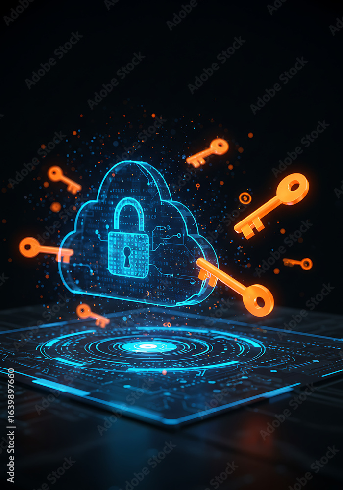 Poster cybersecurity sanctuary: an artistic depiction of data security and encryption, featuring a cloud ic