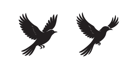 Two black silhouette birds in flight against a white background