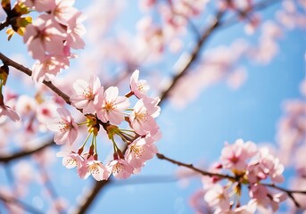Beautiful cherry blossoms in full bloom against a clear blue sky during springtime creating a peaceful scene