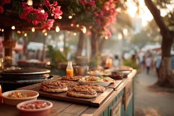 Charming Outdoor Food Stall at Sunset Featuring Delicious Dishes and Vibrant Flavors