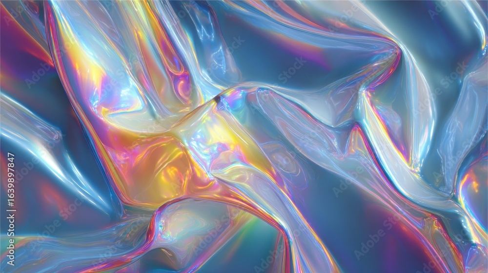 Poster iridescent flow, fluid design shows colorful waves of light and texture on a surface