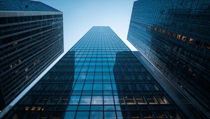 Low-angle view captures towering skyscrapers against a clear, bright blue sky.