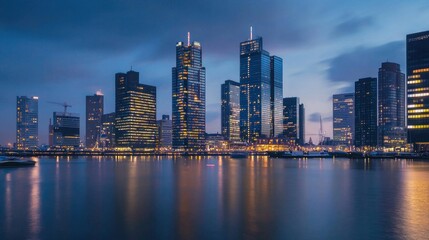 Naklejka premium The city skyline of Rotterdam at dusk, featuring modern skyscrapers and illuminated buildings.