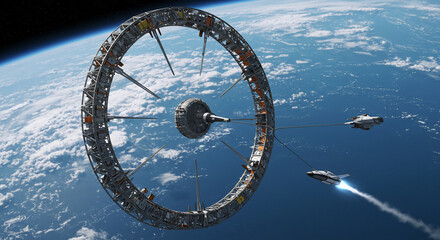 Circular space station orbiting earth