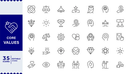 Pixel Perfect,  Core values line icons. Integrity, Empathy and Strategy. Vision, Social Responsibility, Commitment, Personal Growth, Innovation, Family, Problem Solving. icon set Collection