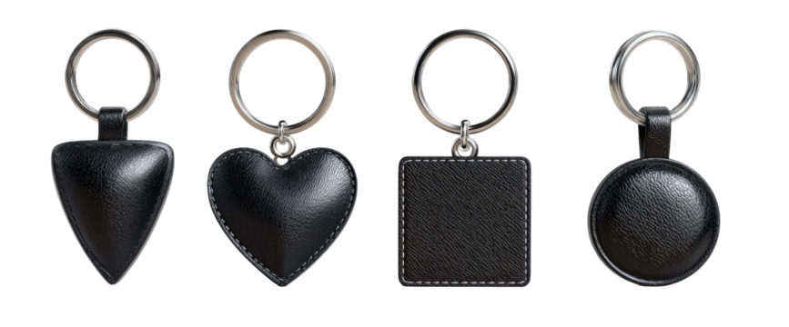Four black leather keychains with different shapes