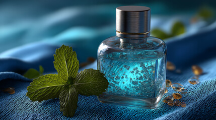 Glass Bottle with Light Blue Liquid & Silver Cap on Deep Blue Cloth &ndash; Refreshing Mint Leaf Accent