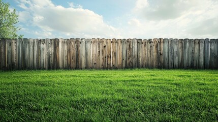 Fototapeta premium A wooden fence with a green lawn in the background, under a blue sky with white clouds.