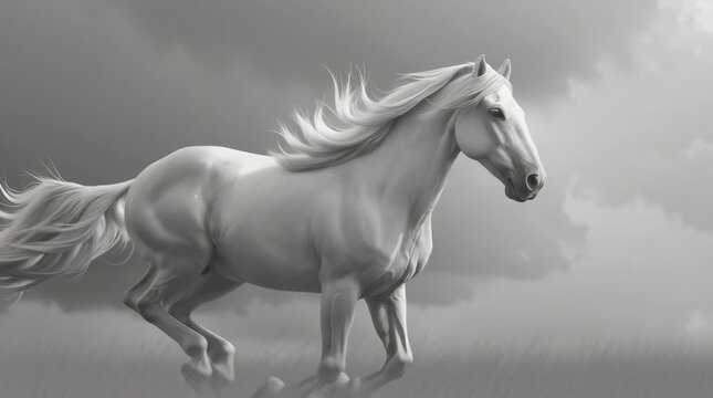 Black and white horse running against grey background.