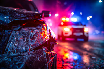 Nighttime car accident with damaged vehicle and emergency response lights
