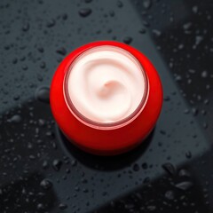 Red jar cream with swirl, and wet surface.