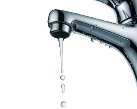 Water dripping slowly from shiny faucet isolated on a bright white background
