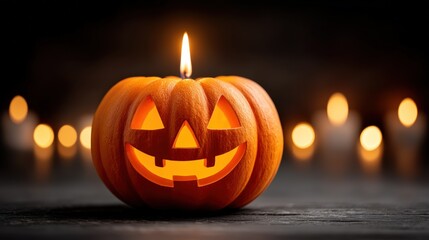 Fototapeta premium Smiling Halloween Pumpkin with Candle Glow Against Dark Background