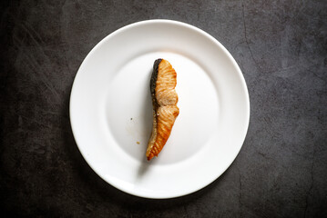 Single grilled salmon fillet on white plate over dark background.