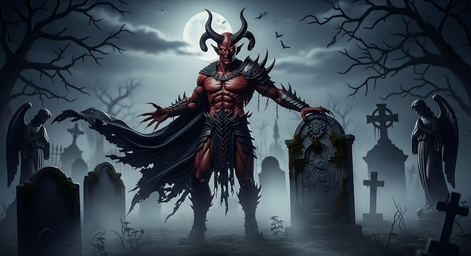 A red demon with horns standing in a graveyard with tombstones and angel statues at night time
