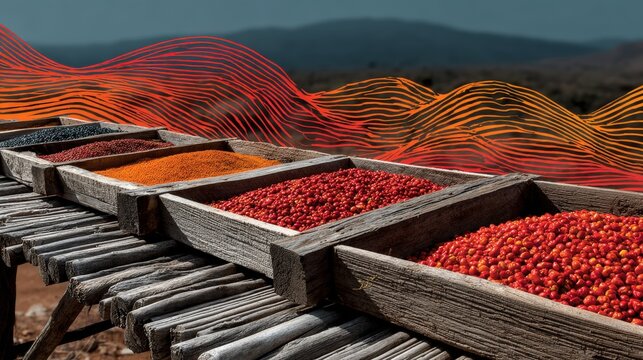 Rustic solar dryer rack with vibrant organic chili peppers in Oaxaca, Mexico